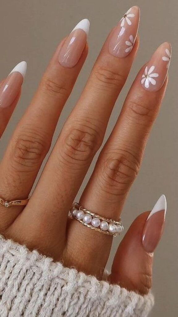 5. Fine White Minimal Flower Almond Nails