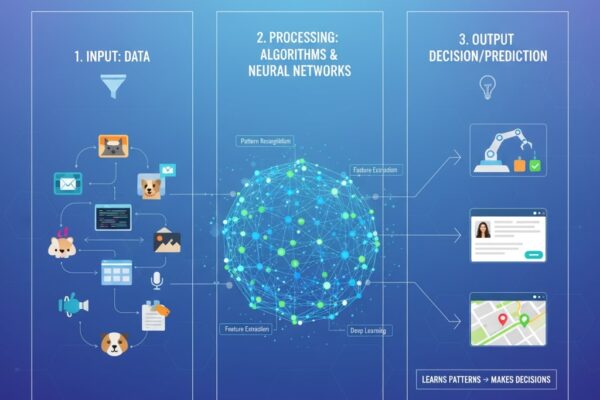 It sounds like you need a comprehensive, long-form article that explains the fundamental mechanisms of Artificial Intelligence in a clear and engaging way, while also making sure to use a high density of transition words to ensure smooth flow. Here is an article drafted to meet your requested length and flow requirements. How Does AI Actually Work? The Basics Explained The Conceptual Foundation: What AI Really Is Artificial Intelligence (AI) is a term that often conjures images of sentient robots or dystopian futures. However, in its current and most prevalent form, AI is much less science fiction and much more advanced mathematics. In essence, AI is the capability of a machine to simulate human intelligence, performing tasks such as learning, reasoning, problem-solving, perception, and decision-making. To put it simply, AI isn’t about creating a brain; it’s about creating a powerful tool that uses logic and data to make predictions or take actions. The field is vast, but it is primarily underpinned by Machine Learning (ML). Specifically, Machine Learning is a subset of AI that focuses on building systems that can learn from data without being explicitly programmed. Consequently, the machine improves its performance on a specific task over time through experience. Therefore, when people talk about the AI revolution, they are almost always referring to the rapid advancements in machine learning and its deeper, more complex cousin, Deep Learning. Data: The Essential Fuel for the AI Engine First and foremost, every AI system begins with data. Data is the fundamental ingredient—the "fuel"—that powers the entire learning process. Furthermore, without massive, high-quality, and relevant data, an AI model is useless. The Role of Datasets AI models rely on large datasets, which can include images, text, numbers, sound clips, or video. For instance, if you want an AI to identify cats, you must feed it millions of pictures of cats and label them as such. Conversely, if you train an AI model to detect fraud, you feed it millions of transaction records, labeled as "legitimate" or "fraudulent." This data must go through a critical preparation phase: Cleaning: Initially, raw data is often messy, containing errors, missing values, or irrelevant information. Thus, the data must be cleaned and preprocessed to ensure consistency. Structuring: Next, the data is organized into a format the algorithm can understand. Typically, this involves converting real-world concepts (like a picture) into mathematical vectors or arrays. Labeling: In many cases, especially with supervised learning, a human must manually label the data. Clearly, a correctly labeled dataset is crucial for the model to learn the correct patterns. Machine Learning: The Core Learning Algorithms The actual "learning" happens through algorithms—sets of instructions and mathematical formulas—that process the data. As a result, the algorithm builds a model, which is essentially the mathematical representation of the patterns it has discovered in the training data. There are three primary types of machine learning that dictate how the model learns. 1. Supervised Learning On the one hand, Supervised Learning is the most common approach. In this method, the AI is trained on data that is already labeled. In other words, the model is given the input and the correct output. Process: The algorithm uses the labeled data to map the input to the output. Specifically, it is like a student learning with flashcards. It sees a picture of a dog (input) and is told it's a "Dog" (label/output). If it guesses wrong, the algorithm adjusts its internal parameters (weights) to get closer to the correct answer next time. Applications: Consequently, this type of learning is used for tasks like image classification, email spam filtering, and predicting house prices (regression). 2. Unsupervised Learning On the other hand, Unsupervised Learning involves training the AI on unlabeled data. Therefore, the algorithm must find hidden patterns and intrinsic structures within the data on its own. Process: The model clusters or groups data points based on their similarities without any prior guidance. For example, it might group customers with similar purchasing habits, even though no one told the model which groups to look for. Applications: Hence, it is primarily used for market segmentation, anomaly detection (like finding unusual transactions), and data compression. 3. Reinforcement Learning Moreover, Reinforcement Learning (RL) operates differently, resembling how an animal is trained. Essentially, an AI agent learns to perform a task by interacting with an environment through trial and error. Process: The agent receives a reward for taking a desirable action and a penalty for an undesirable one. In time, it learns a policy—a strategy—that maximizes its total reward. Crucially, there are no fixed labels; the learning is driven entirely by the feedback loop. Applications: Therefore, RL excels in complex environments such as training robotic movement, autonomous vehicles, and creating AI for playing games like chess or Go. Deep Learning: The Power of Neural Networks Furthermore, the revolution in AI has been largely driven by Deep Learning, a specialized subset of Machine Learning. Ultimately, Deep Learning models utilize Artificial Neural Networks (ANNs), which are computational systems inspired by the structure of the human brain. The Artificial Neuron At the most basic level, the fundamental building block is the neuron (or perceptron). Input: First, a neuron receives multiple inputs, which could be the pixels of an image or the outputs of other neurons. Weights and Biases: Next, each input is multiplied by a weight, which represents the importance or influence of that input. A bias value is then added. Thus, the weights are the parameters the AI learns and adjusts during training. Activation Function: Finally, the weighted sum passes through an activation function, which decides whether the neuron should "fire" or pass its output to the next layer. The Network Structure In contrast to simple neural networks, deep learning networks have multiple hidden layers between the input and output layers. Consequently, this depth allows the network to learn increasingly complex and abstract representations of the data. Input Layer: To begin with, this layer receives the raw data (e.g., the pixel values of an image). Hidden Layers (The "Deep" Part): Subsequently, these layers perform the majority of the complex calculations. For example, in an image network, the first hidden layer might detect simple edges, the next might combine them to find shapes, and the third might assemble the shapes into high-level features like eyes or wheels. Output Layer: Ultimately, this layer provides the final result, such as the classification ("Dog," "Cat," "Car") or a generated piece of text. The Learning Process: Backpropagation So, how does a Deep Learning network actually learn? The process is called backpropagation, and it is one of the most critical breakthroughs in AI. Forward Pass: First, the input data is fed forward through the network, layer by layer, until it produces an output (a prediction). Calculating Loss: Then, the predicted output is compared to the correct answer (the ground truth/label) to calculate the loss or error. Backward Pass (Backpropagation): Finally, this error is propagated backward through the network. Specifically, the algorithm uses calculus (a technique called gradient descent) to determine how much each individual weight contributed to the overall error. Therefore, it calculates the "gradient" of the loss function with respect to every weight. Weight Adjustment: In conclusion, the system slightly adjusts all the weights in a direction that reduces the error for the next attempt. Consequently, the network repeats this cycle millions or billions of times across its vast dataset. Over time, the weights are fine-tuned to a point where the network can accurately map complex inputs to correct outputs, even for data it has never seen before. Modern AI: Large Language Models and Generative AI Moving on to the present day, the AI that currently dominates headlines is Generative AI and its core technology, the Large Language Model (LLM). The Transformer Architecture LLMs (like ChatGPT or Gemini) are a type of deep learning model that use a specific architecture called the Transformer. Essentially, the Transformer allows the model to process sequences of data (like words in a sentence) and focus on the most relevant parts of the sequence. This capability is enabled by a mechanism known as Self-Attention. Self-Attention: In brief, Self-Attention allows the model to weigh the importance of all other words in the input sequence when processing any single word. For instance, in the sentence "The animal didn't cross the street because it was too tired," the word "it" is linked to "animal" and not "street." Thus, the attention mechanism automatically learns this relationship. Generating Content Furthermore, after an LLM is trained on a massive corpus of text (the entire internet, in some cases), it becomes a highly sophisticated prediction engine. Prediction: Specifically, when you type a prompt, the LLM processes the words and then predicts the most statistically probable next word in the sequence. Iteration: Subsequently, it adds that predicted word to the sequence and repeats the process, predicting the word after that. Creation: Ultimately, by repeating this loop hundreds or thousands of times, the model generates long, coherent, and seemingly creative output—be it an email, an article, or computer code. Conclusion: A Continuous Evolution In summation, AI isn't a single magical entity; rather, it is an ecosystem of computational models, mathematical algorithms, and an immense volume of data. The fundamental principle remains: machines learn from data, identify patterns, and adjust their internal parameters to improve their ability to make predictions or decisions. Therefore, as the volume of data grows and computing power increases, consequently, AI models will continue to evolve and become even more sophisticated, fundamentally reshaping how we interact with technology and the world around us. For a great visual explanation of these concepts, you should watch this video: SIMPLEST Explanation of How Artificial Intelligence Works? No Jargon | What is AI? How AI works?. This video is relevant because it promises a "simplest explanation" of how AI works, which aligns perfectly with the article's goal of explaining the basics.