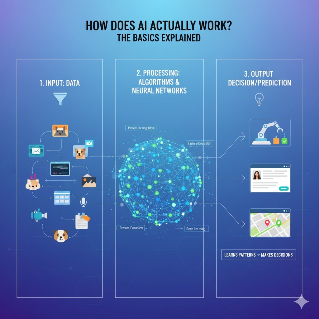 It sounds like you need a comprehensive, long-form article that explains the fundamental mechanisms of Artificial Intelligence in a clear and engaging way, while also making sure to use a high density of transition words to ensure smooth flow. Here is an article drafted to meet your requested length and flow requirements. How Does AI Actually Work? The Basics Explained The Conceptual Foundation: What AI Really Is Artificial Intelligence (AI) is a term that often conjures images of sentient robots or dystopian futures. However, in its current and most prevalent form, AI is much less science fiction and much more advanced mathematics. In essence, AI is the capability of a machine to simulate human intelligence, performing tasks such as learning, reasoning, problem-solving, perception, and decision-making. To put it simply, AI isn’t about creating a brain; it’s about creating a powerful tool that uses logic and data to make predictions or take actions. The field is vast, but it is primarily underpinned by Machine Learning (ML). Specifically, Machine Learning is a subset of AI that focuses on building systems that can learn from data without being explicitly programmed. Consequently, the machine improves its performance on a specific task over time through experience. Therefore, when people talk about the AI revolution, they are almost always referring to the rapid advancements in machine learning and its deeper, more complex cousin, Deep Learning. Data: The Essential Fuel for the AI Engine First and foremost, every AI system begins with data. Data is the fundamental ingredient—the "fuel"—that powers the entire learning process. Furthermore, without massive, high-quality, and relevant data, an AI model is useless. The Role of Datasets AI models rely on large datasets, which can include images, text, numbers, sound clips, or video. For instance, if you want an AI to identify cats, you must feed it millions of pictures of cats and label them as such. Conversely, if you train an AI model to detect fraud, you feed it millions of transaction records, labeled as "legitimate" or "fraudulent." This data must go through a critical preparation phase: Cleaning: Initially, raw data is often messy, containing errors, missing values, or irrelevant information. Thus, the data must be cleaned and preprocessed to ensure consistency. Structuring: Next, the data is organized into a format the algorithm can understand. Typically, this involves converting real-world concepts (like a picture) into mathematical vectors or arrays. Labeling: In many cases, especially with supervised learning, a human must manually label the data. Clearly, a correctly labeled dataset is crucial for the model to learn the correct patterns. Machine Learning: The Core Learning Algorithms The actual "learning" happens through algorithms—sets of instructions and mathematical formulas—that process the data. As a result, the algorithm builds a model, which is essentially the mathematical representation of the patterns it has discovered in the training data. There are three primary types of machine learning that dictate how the model learns. 1. Supervised Learning On the one hand, Supervised Learning is the most common approach. In this method, the AI is trained on data that is already labeled. In other words, the model is given the input and the correct output. Process: The algorithm uses the labeled data to map the input to the output. Specifically, it is like a student learning with flashcards. It sees a picture of a dog (input) and is told it's a "Dog" (label/output). If it guesses wrong, the algorithm adjusts its internal parameters (weights) to get closer to the correct answer next time. Applications: Consequently, this type of learning is used for tasks like image classification, email spam filtering, and predicting house prices (regression). 2. Unsupervised Learning On the other hand, Unsupervised Learning involves training the AI on unlabeled data. Therefore, the algorithm must find hidden patterns and intrinsic structures within the data on its own. Process: The model clusters or groups data points based on their similarities without any prior guidance. For example, it might group customers with similar purchasing habits, even though no one told the model which groups to look for. Applications: Hence, it is primarily used for market segmentation, anomaly detection (like finding unusual transactions), and data compression. 3. Reinforcement Learning Moreover, Reinforcement Learning (RL) operates differently, resembling how an animal is trained. Essentially, an AI agent learns to perform a task by interacting with an environment through trial and error. Process: The agent receives a reward for taking a desirable action and a penalty for an undesirable one. In time, it learns a policy—a strategy—that maximizes its total reward. Crucially, there are no fixed labels; the learning is driven entirely by the feedback loop. Applications: Therefore, RL excels in complex environments such as training robotic movement, autonomous vehicles, and creating AI for playing games like chess or Go. Deep Learning: The Power of Neural Networks Furthermore, the revolution in AI has been largely driven by Deep Learning, a specialized subset of Machine Learning. Ultimately, Deep Learning models utilize Artificial Neural Networks (ANNs), which are computational systems inspired by the structure of the human brain. The Artificial Neuron At the most basic level, the fundamental building block is the neuron (or perceptron). Input: First, a neuron receives multiple inputs, which could be the pixels of an image or the outputs of other neurons. Weights and Biases: Next, each input is multiplied by a weight, which represents the importance or influence of that input. A bias value is then added. Thus, the weights are the parameters the AI learns and adjusts during training. Activation Function: Finally, the weighted sum passes through an activation function, which decides whether the neuron should "fire" or pass its output to the next layer. The Network Structure In contrast to simple neural networks, deep learning networks have multiple hidden layers between the input and output layers. Consequently, this depth allows the network to learn increasingly complex and abstract representations of the data. Input Layer: To begin with, this layer receives the raw data (e.g., the pixel values of an image). Hidden Layers (The "Deep" Part): Subsequently, these layers perform the majority of the complex calculations. For example, in an image network, the first hidden layer might detect simple edges, the next might combine them to find shapes, and the third might assemble the shapes into high-level features like eyes or wheels. Output Layer: Ultimately, this layer provides the final result, such as the classification ("Dog," "Cat," "Car") or a generated piece of text. The Learning Process: Backpropagation So, how does a Deep Learning network actually learn? The process is called backpropagation, and it is one of the most critical breakthroughs in AI. Forward Pass: First, the input data is fed forward through the network, layer by layer, until it produces an output (a prediction). Calculating Loss: Then, the predicted output is compared to the correct answer (the ground truth/label) to calculate the loss or error. Backward Pass (Backpropagation): Finally, this error is propagated backward through the network. Specifically, the algorithm uses calculus (a technique called gradient descent) to determine how much each individual weight contributed to the overall error. Therefore, it calculates the "gradient" of the loss function with respect to every weight. Weight Adjustment: In conclusion, the system slightly adjusts all the weights in a direction that reduces the error for the next attempt. Consequently, the network repeats this cycle millions or billions of times across its vast dataset. Over time, the weights are fine-tuned to a point where the network can accurately map complex inputs to correct outputs, even for data it has never seen before. Modern AI: Large Language Models and Generative AI Moving on to the present day, the AI that currently dominates headlines is Generative AI and its core technology, the Large Language Model (LLM). The Transformer Architecture LLMs (like ChatGPT or Gemini) are a type of deep learning model that use a specific architecture called the Transformer. Essentially, the Transformer allows the model to process sequences of data (like words in a sentence) and focus on the most relevant parts of the sequence. This capability is enabled by a mechanism known as Self-Attention. Self-Attention: In brief, Self-Attention allows the model to weigh the importance of all other words in the input sequence when processing any single word. For instance, in the sentence "The animal didn't cross the street because it was too tired," the word "it" is linked to "animal" and not "street." Thus, the attention mechanism automatically learns this relationship. Generating Content Furthermore, after an LLM is trained on a massive corpus of text (the entire internet, in some cases), it becomes a highly sophisticated prediction engine. Prediction: Specifically, when you type a prompt, the LLM processes the words and then predicts the most statistically probable next word in the sequence. Iteration: Subsequently, it adds that predicted word to the sequence and repeats the process, predicting the word after that. Creation: Ultimately, by repeating this loop hundreds or thousands of times, the model generates long, coherent, and seemingly creative output—be it an email, an article, or computer code. Conclusion: A Continuous Evolution In summation, AI isn't a single magical entity; rather, it is an ecosystem of computational models, mathematical algorithms, and an immense volume of data. The fundamental principle remains: machines learn from data, identify patterns, and adjust their internal parameters to improve their ability to make predictions or decisions. Therefore, as the volume of data grows and computing power increases, consequently, AI models will continue to evolve and become even more sophisticated, fundamentally reshaping how we interact with technology and the world around us. For a great visual explanation of these concepts, you should watch this video: SIMPLEST Explanation of How Artificial Intelligence Works? No Jargon | What is AI? How AI works?. This video is relevant because it promises a "simplest explanation" of how AI works, which aligns perfectly with the article's goal of explaining the basics.