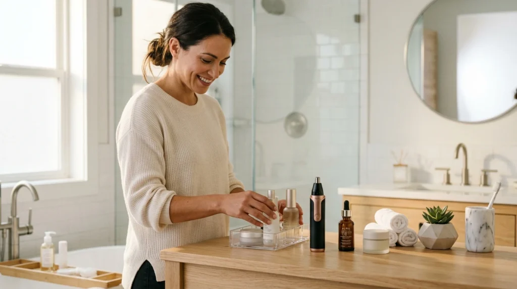 Woman choosing the best nose hair trimmer for her grooming routine