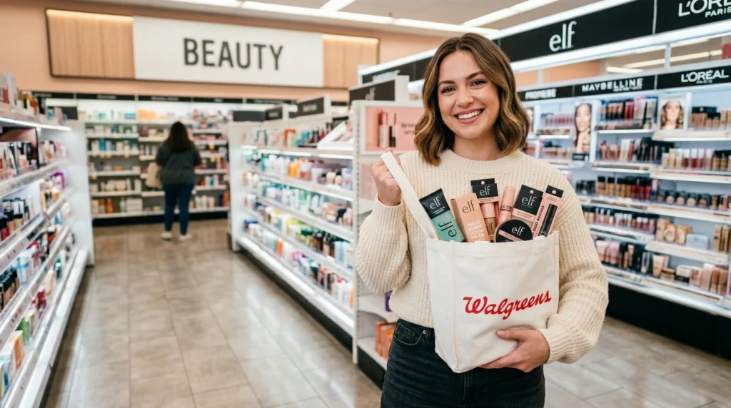 Customer purchasing e.l.f. Cosmetics from a Walgreens beauty store.