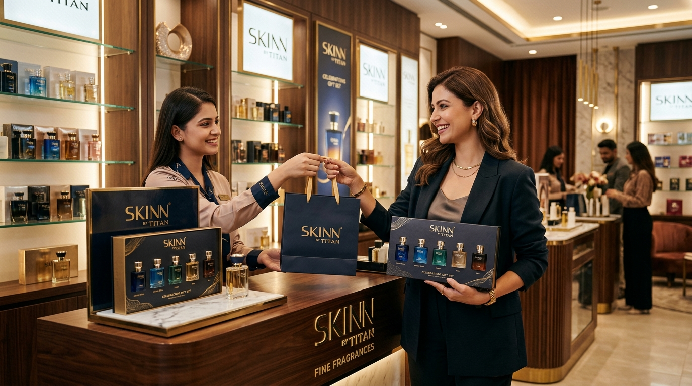 SKINN by Titan perfume collection displayed in a premium fragrance store.