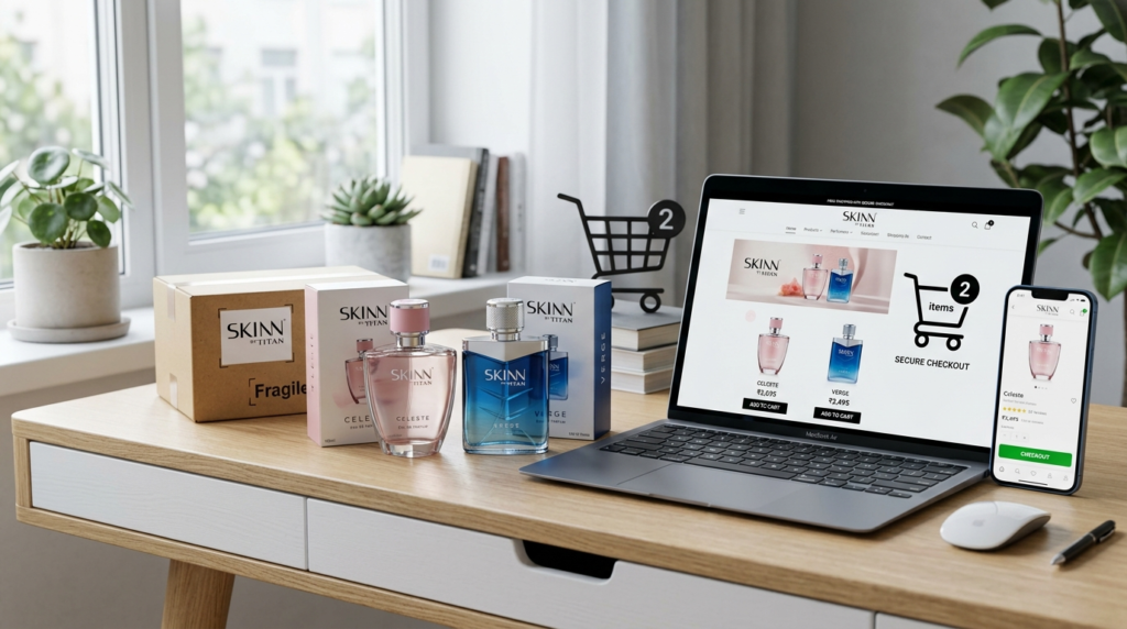 Comparison showing authentic and fake SKINN perfume packaging and batch code
